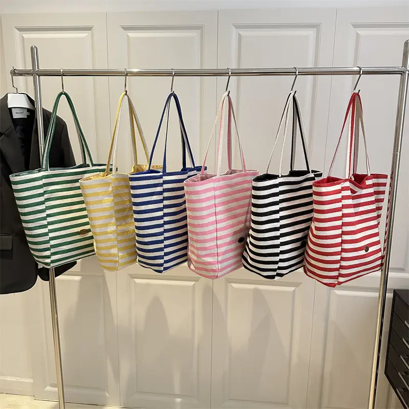 Yellow Striped Canvas Tote Bag Large Capacity Casual Shoulder Bag