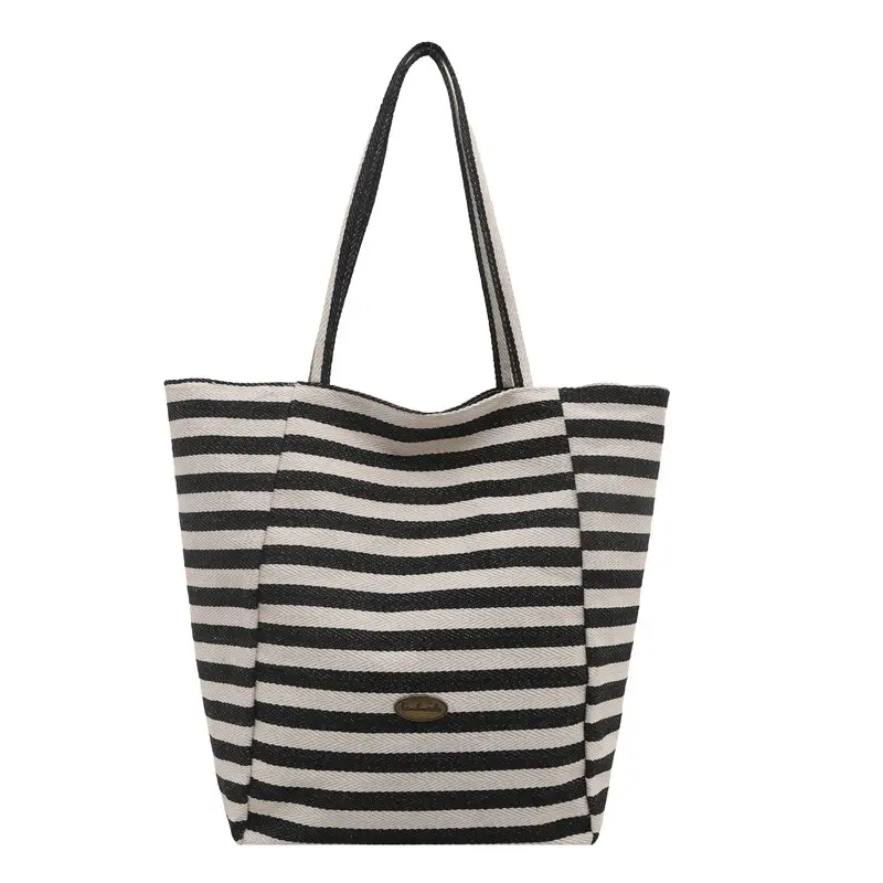Yellow Striped Canvas Tote Bag Large Capacity Casual Shoulder Bag