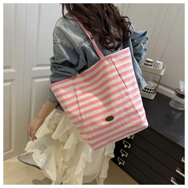 Yellow Striped Canvas Tote Bag Large Capacity Casual Shoulder Bag — feature 10