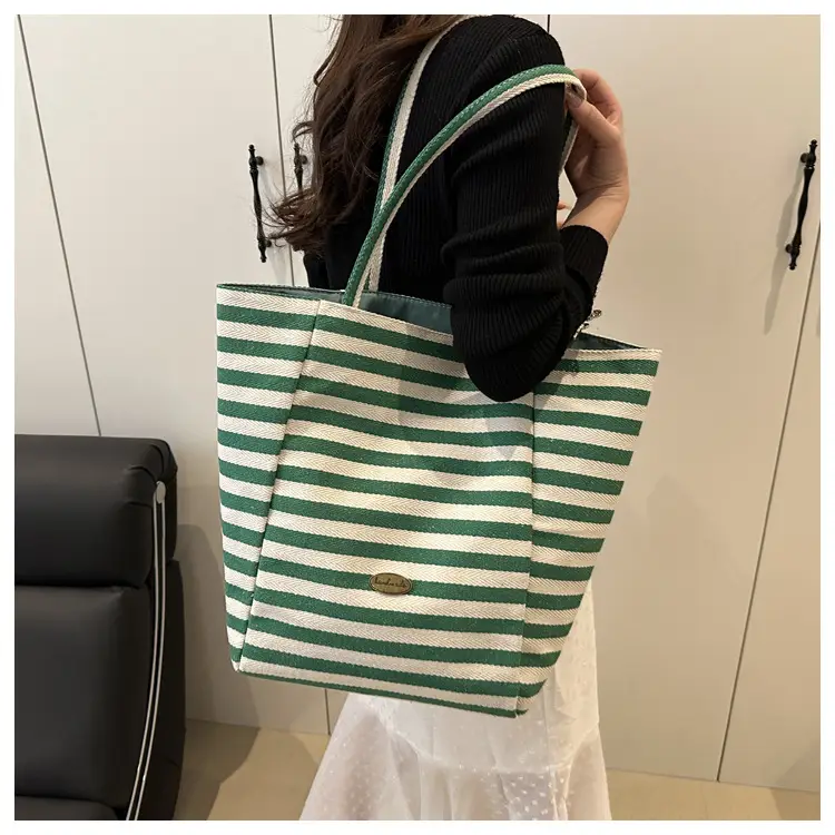 Yellow Striped Canvas Tote Bag Large Capacity Casual Shoulder Bag — feature 11