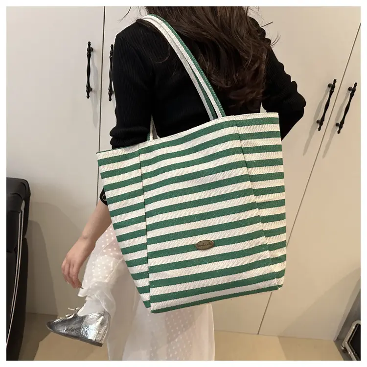 Yellow Striped Canvas Tote Bag Large Capacity Casual Shoulder Bag — feature 12