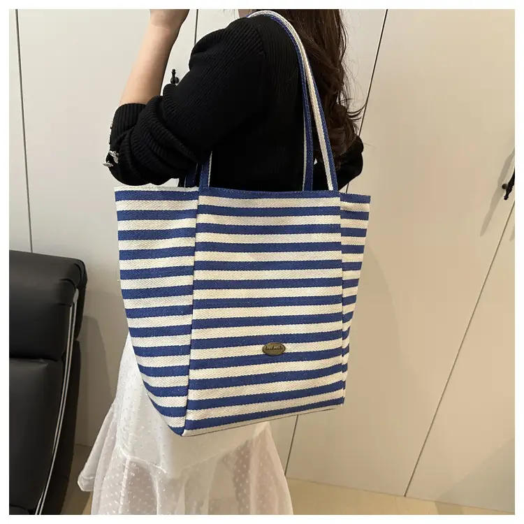 Yellow Striped Canvas Tote Bag Large Capacity Casual Shoulder Bag — feature 13
