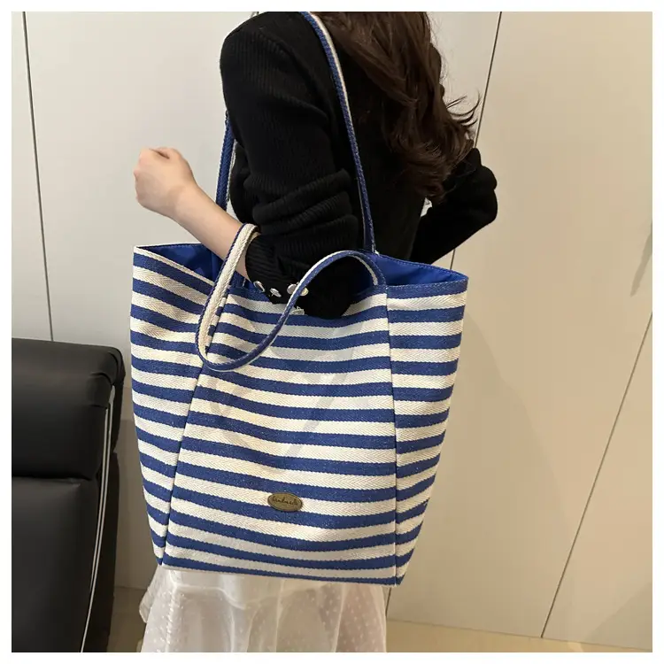 Yellow Striped Canvas Tote Bag Large Capacity Casual Shoulder Bag — feature 14