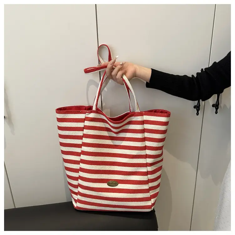 Yellow Striped Canvas Tote Bag Large Capacity Casual Shoulder Bag — feature 15