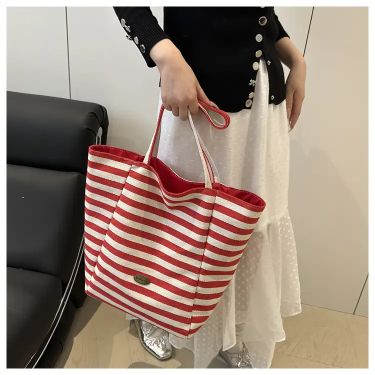 Yellow Striped Canvas Tote Bag Large Capacity Casual Shoulder Bag — feature 16