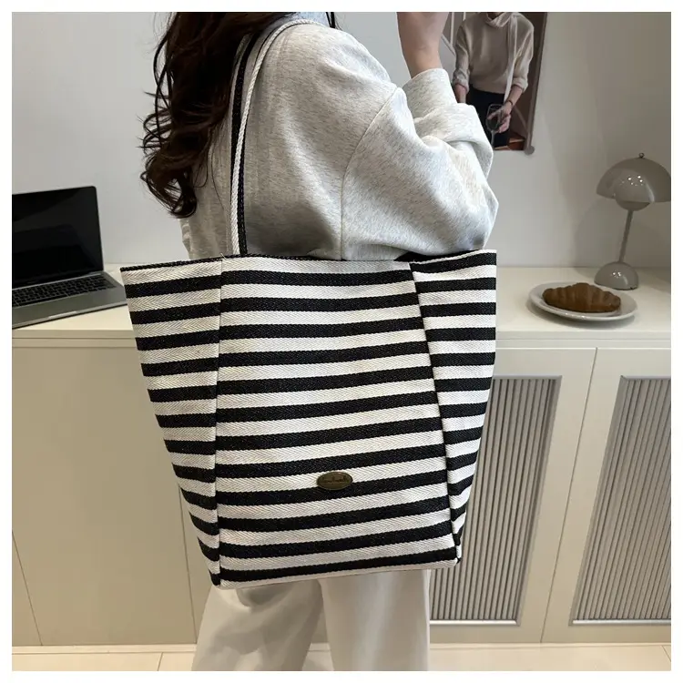 Yellow Striped Canvas Tote Bag Large Capacity Casual Shoulder Bag — feature 17