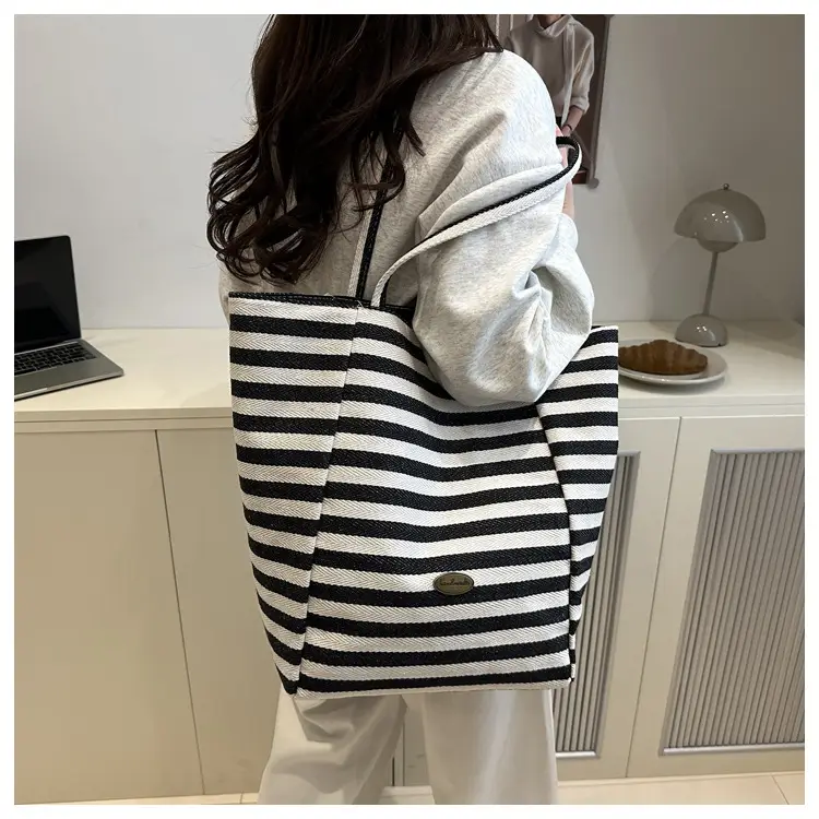 Yellow Striped Canvas Tote Bag Large Capacity Casual Shoulder Bag — feature 18