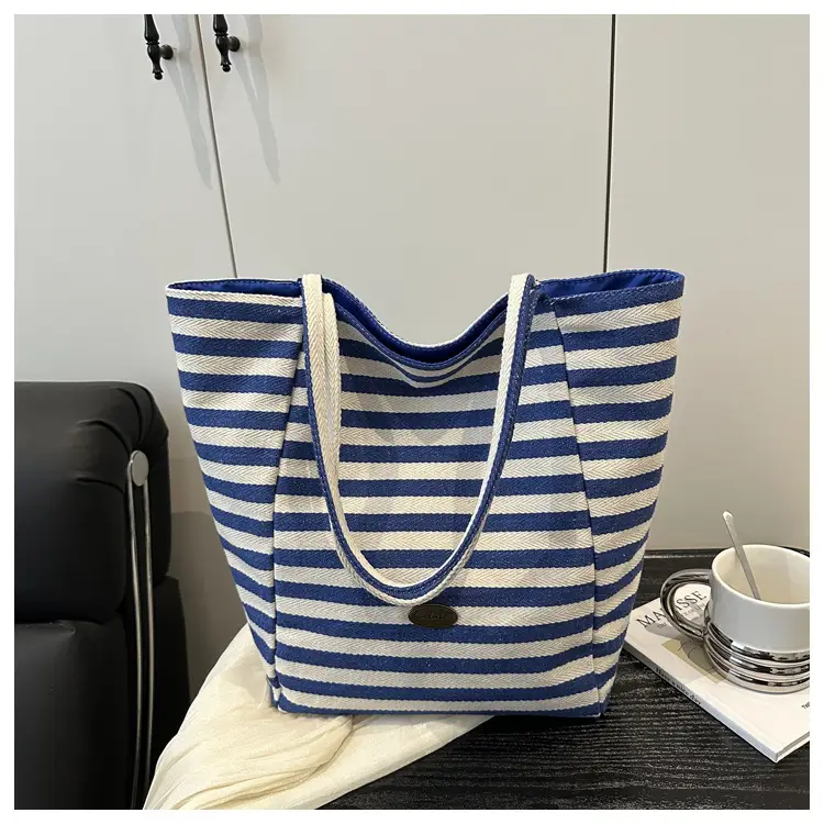 Yellow Striped Canvas Tote Bag Large Capacity Casual Shoulder Bag — feature 19