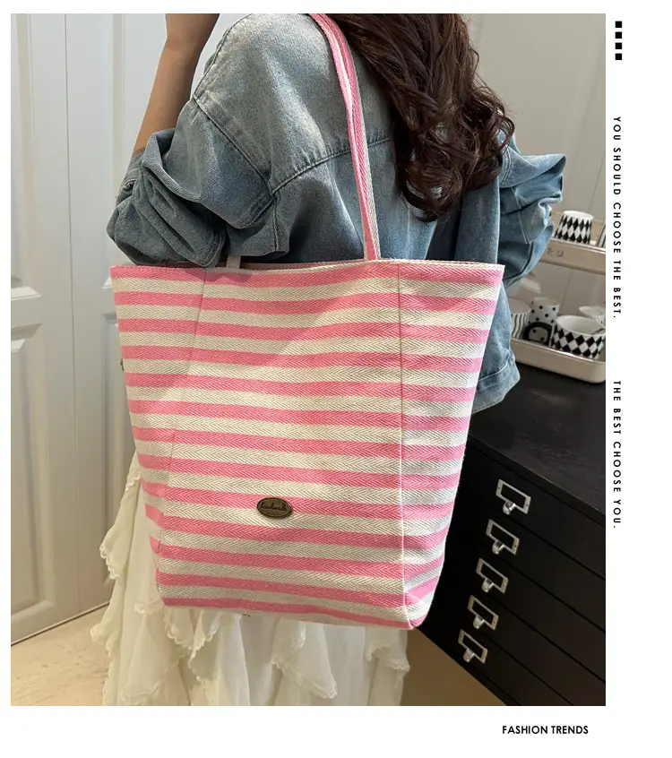 Yellow Striped Canvas Tote Bag Large Capacity Casual Shoulder Bag — feature 2