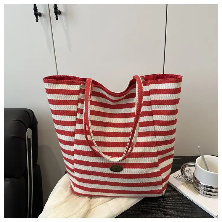 Yellow Striped Canvas Tote Bag Large Capacity Casual Shoulder Bag — feature 20