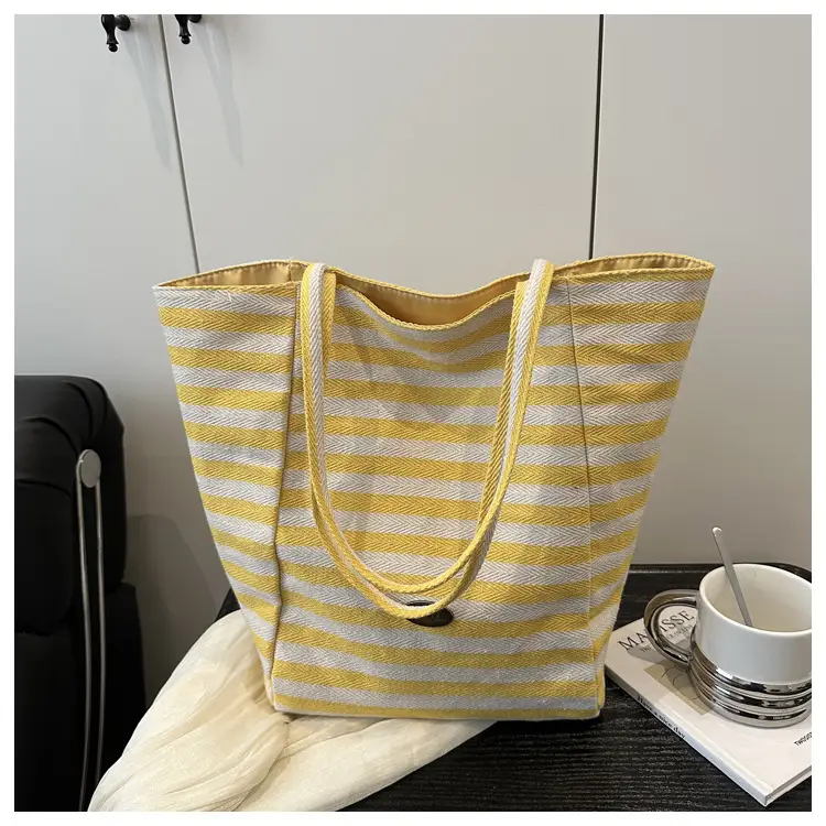 Yellow Striped Canvas Tote Bag Large Capacity Casual Shoulder Bag — feature 21