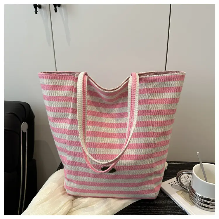 Yellow Striped Canvas Tote Bag Large Capacity Casual Shoulder Bag — feature 22