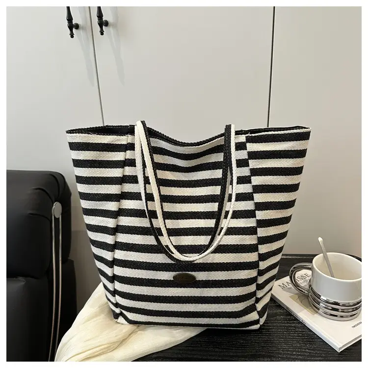 Yellow Striped Canvas Tote Bag Large Capacity Casual Shoulder Bag — feature 23