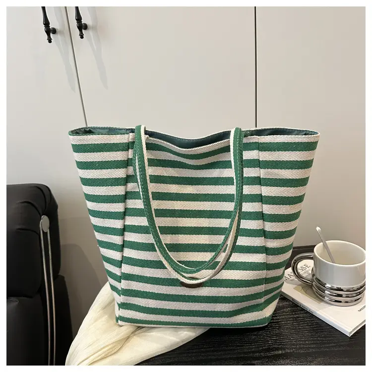 Yellow Striped Canvas Tote Bag Large Capacity Casual Shoulder Bag — feature 24