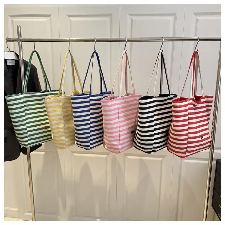 Yellow Striped Canvas Tote Bag Large Capacity Casual Shoulder Bag — feature 25