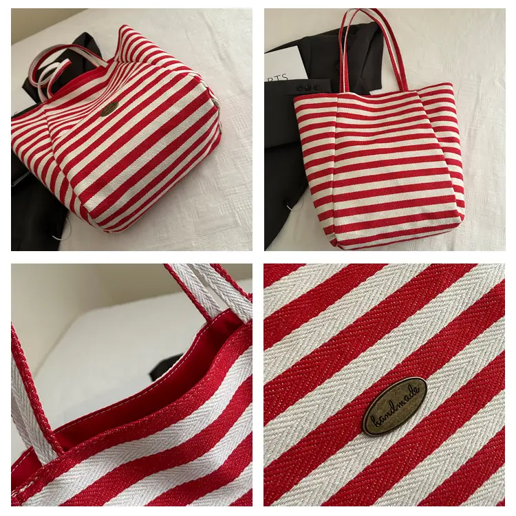 Yellow Striped Canvas Tote Bag Large Capacity Casual Shoulder Bag — feature 8