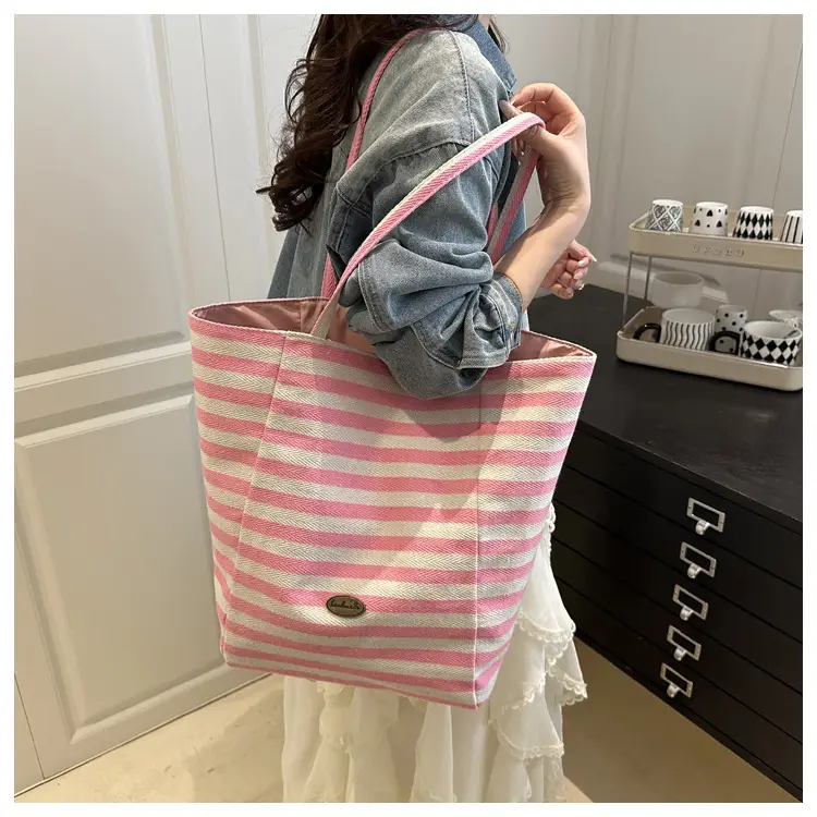 Yellow Striped Canvas Tote Bag Large Capacity Casual Shoulder Bag — feature 9