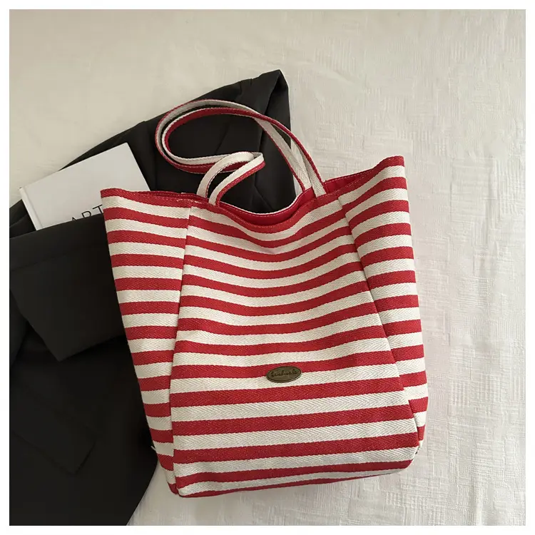 Yellow Striped Canvas Tote Bag Large Capacity Casual Shoulder Bag