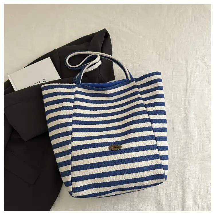 Yellow Striped Canvas Tote Bag Large Capacity Casual Shoulder Bag