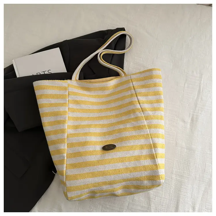 Yellow Striped Canvas Tote Bag Large Capacity Casual Shoulder Bag