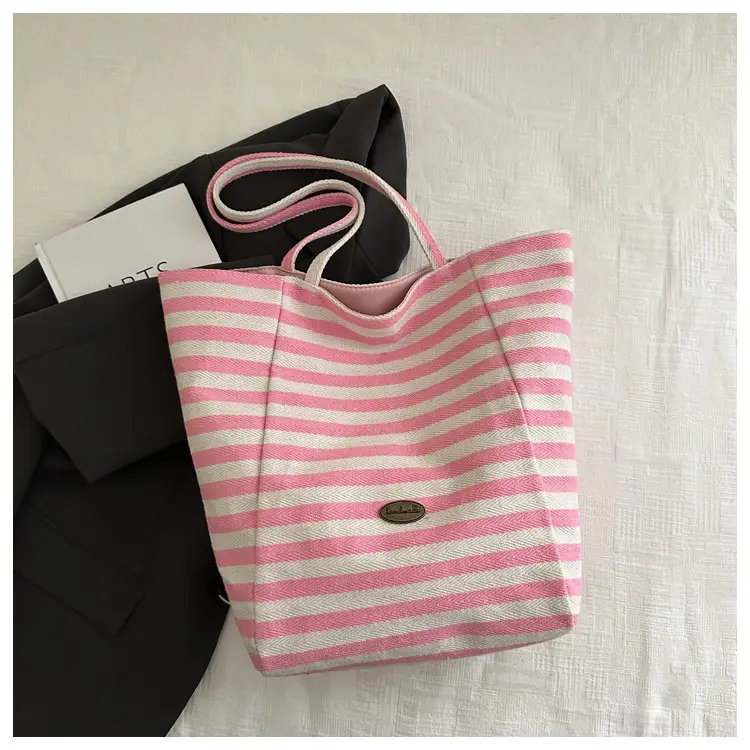 Yellow Striped Canvas Tote Bag Large Capacity Casual Shoulder Bag
