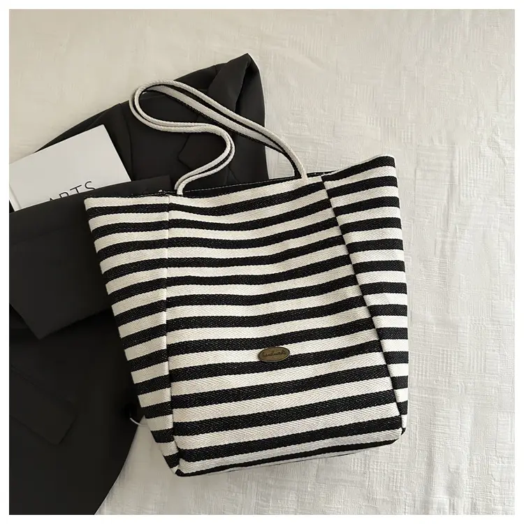 Yellow Striped Canvas Tote Bag Large Capacity Casual Shoulder Bag