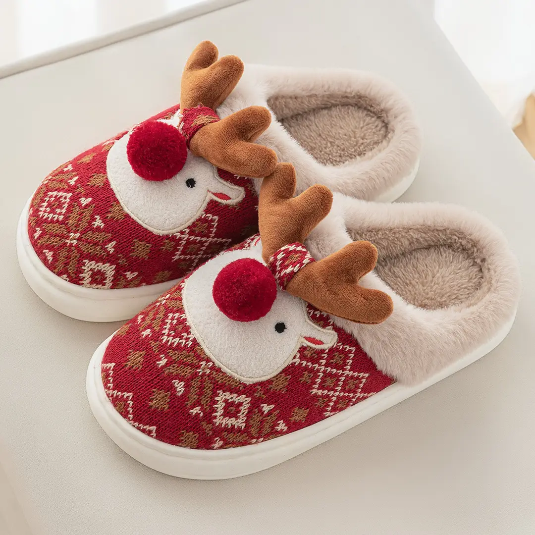 Christmas Gift Elk Cotton Slippers for Women Home Indoor Autumn and Winter Warm Furry Slippers for Men 2025 New Style - Image 4