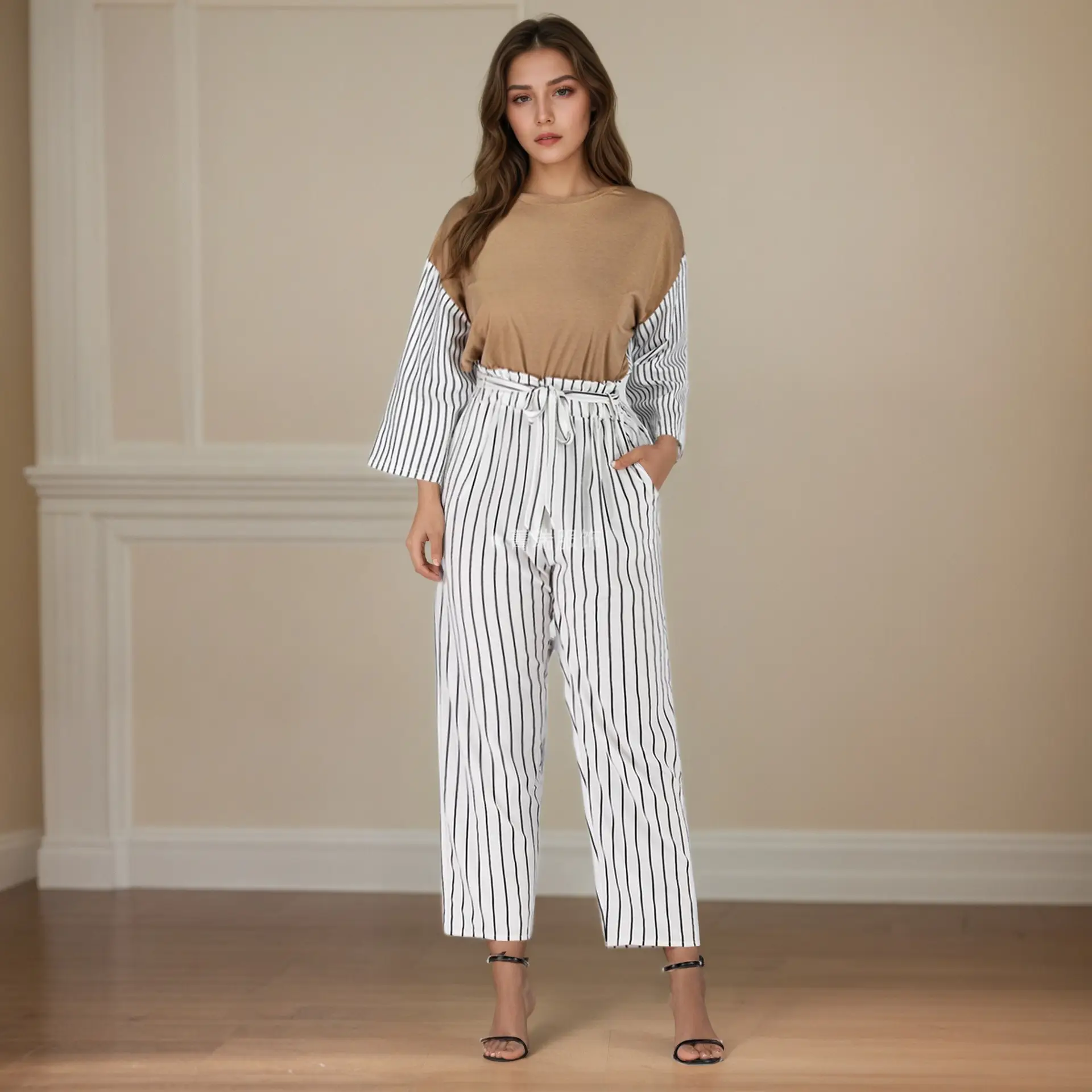 Women Cool Striped Pants Belted Loose Casual Spring Summer - Image 3