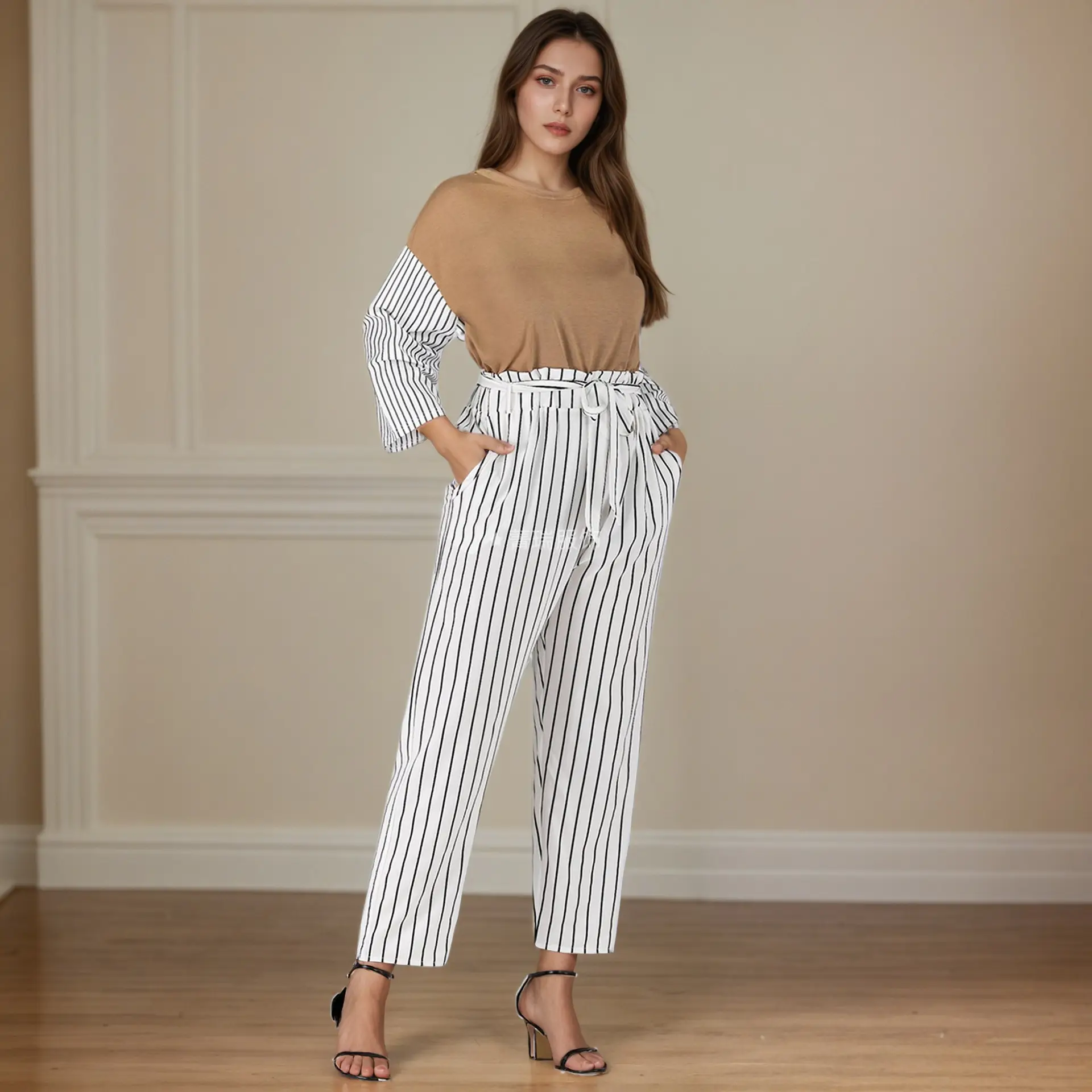Women Cool Striped Pants Belted Loose Casual Spring Summer - Image 4