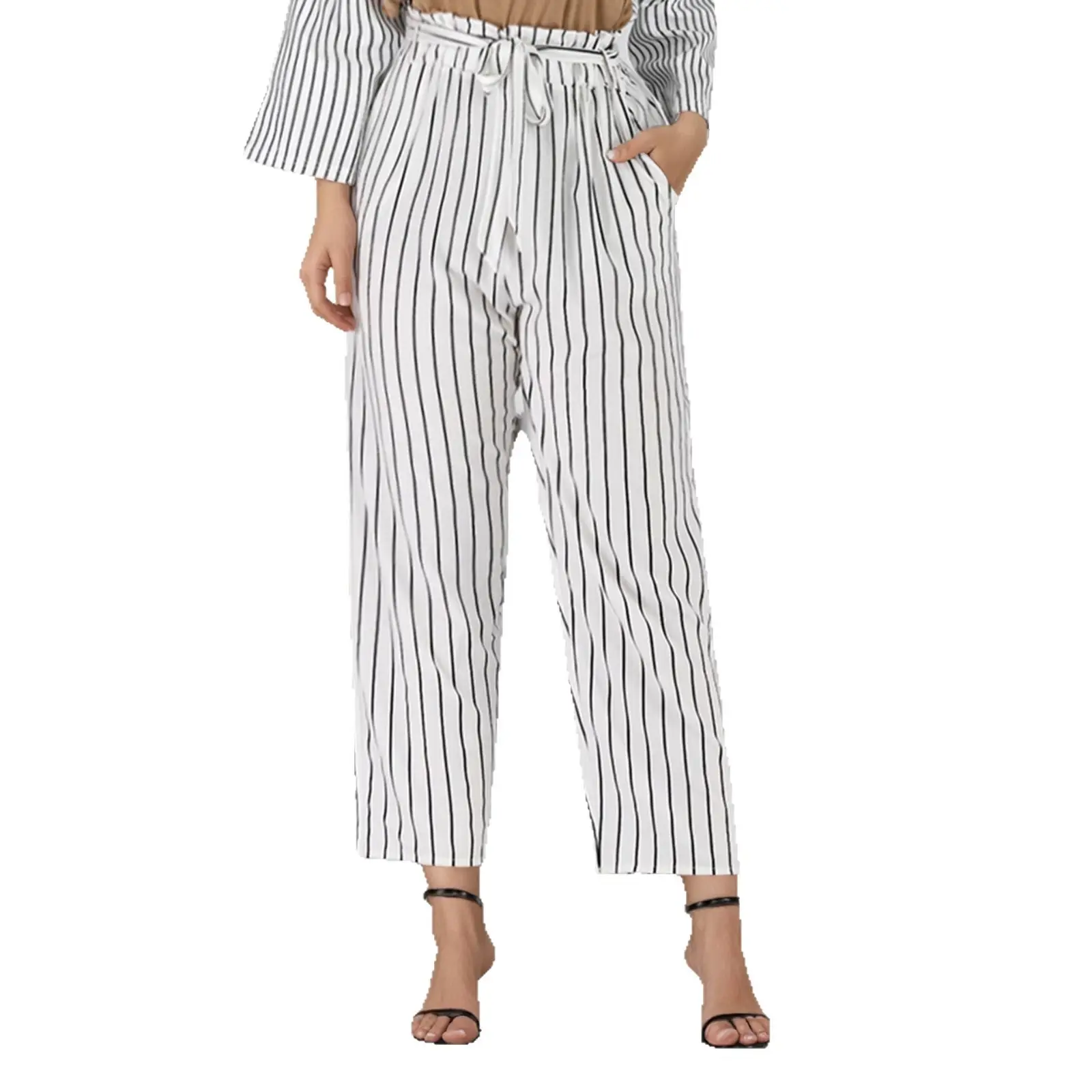 Women Cool Striped Pants Belted Loose Casual Spring Summer - Image 6