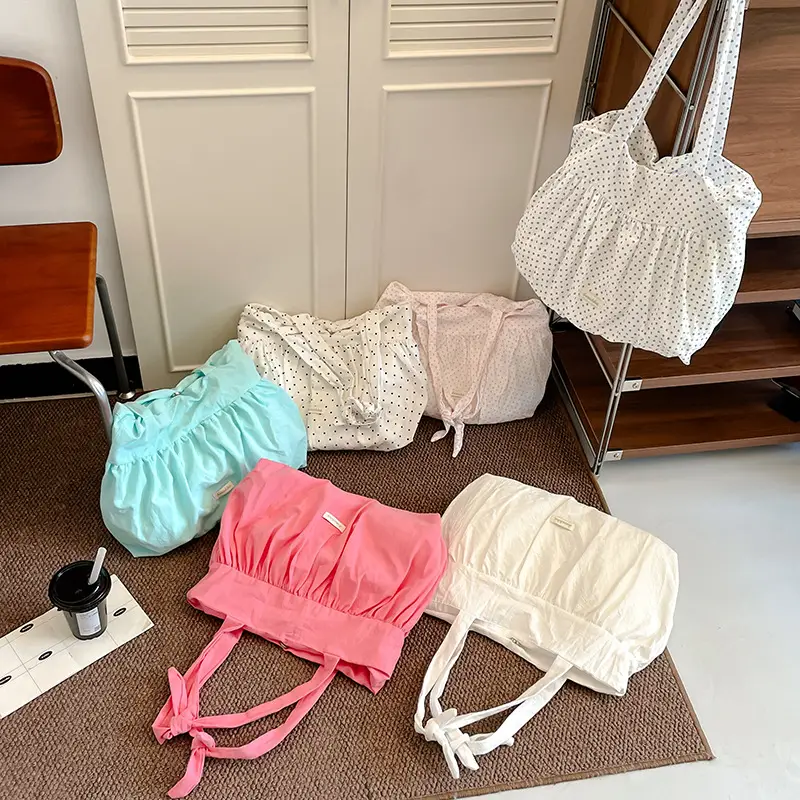 Women's Korean Style Pleated Shoulder Bag Pink White - Image 4