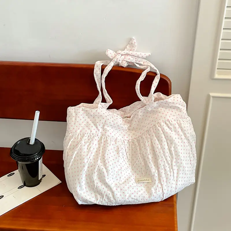 Women's Korean Style Pleated Shoulder Bag Pink White - Image 5