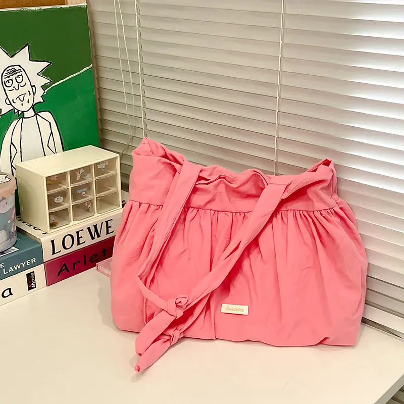 Women's Korean Style Pleated Shoulder Bag Pink White — feature 18