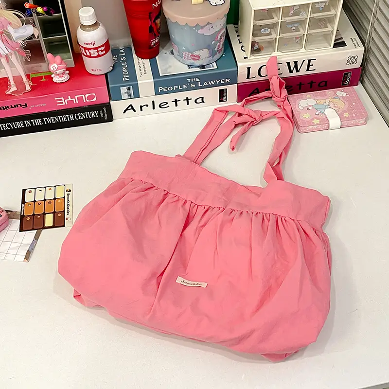 Women's Korean Style Pleated Shoulder Bag Pink White — feature 19