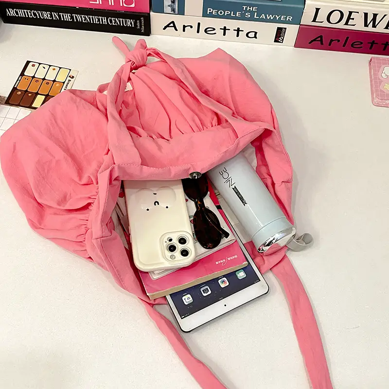 Women's Korean Style Pleated Shoulder Bag Pink White — feature 28