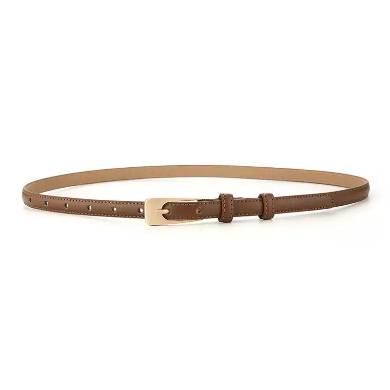 Women's Long Buckle Leather Belt White Brown — feature 12