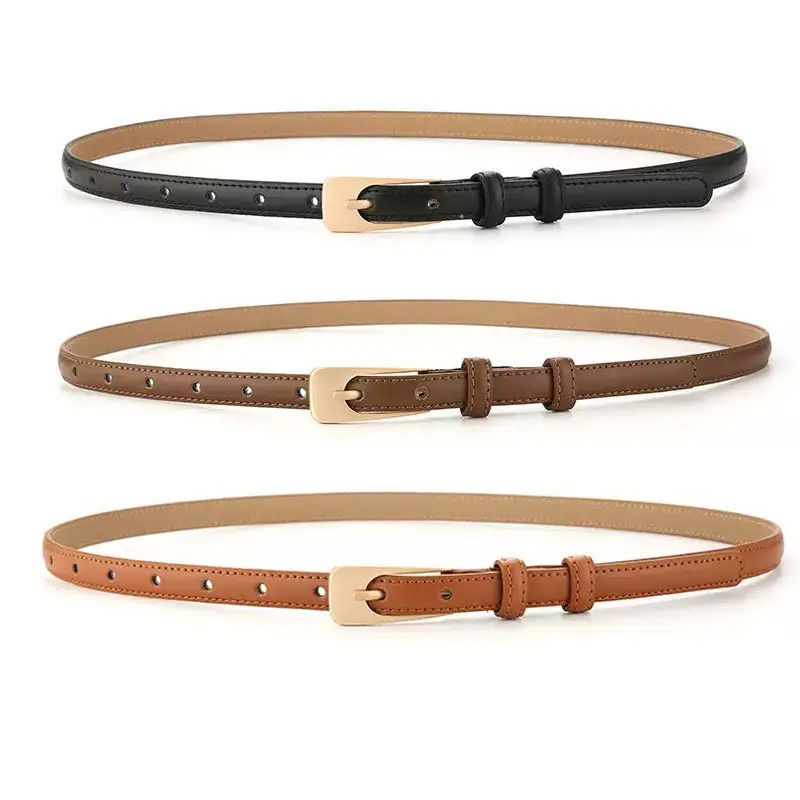 Women's Long Buckle Leather Belt White Brown — feature 2