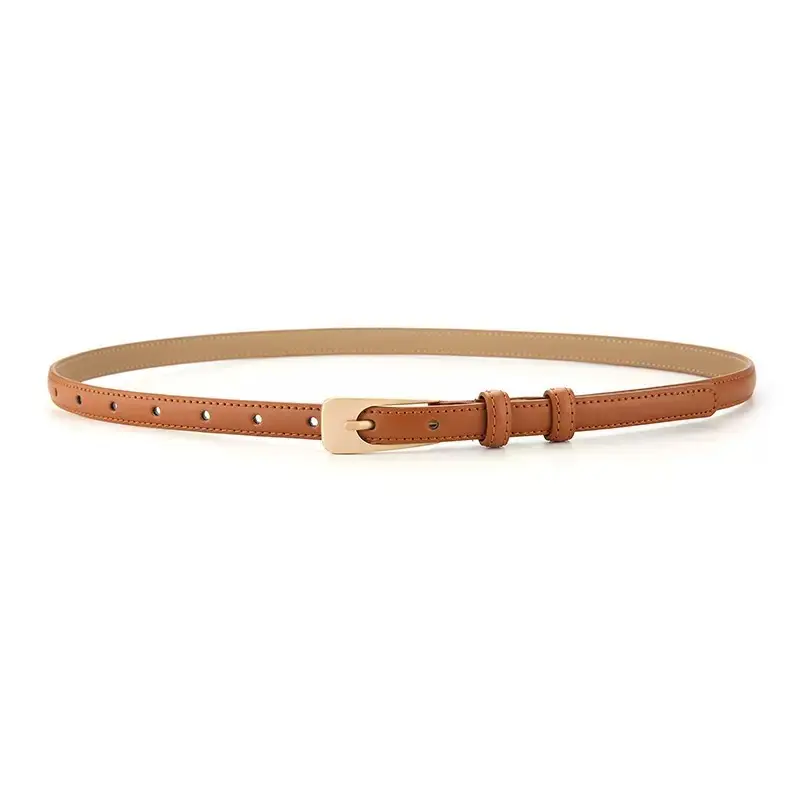 Women's Long Buckle Leather Belt White Brown — feature 9