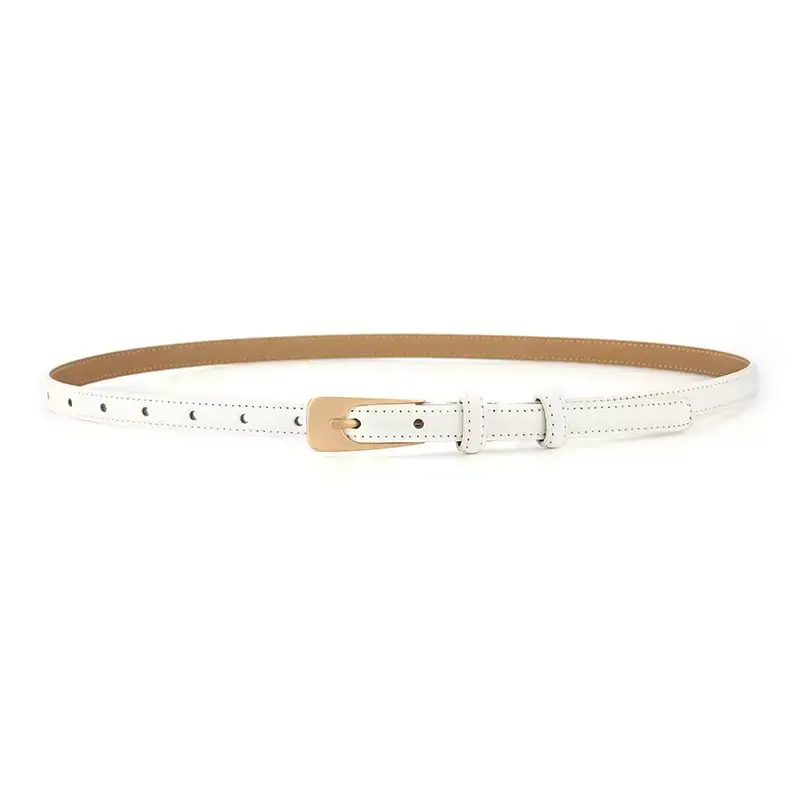 Women's Long Buckle Leather Belt White Brown - Image 3