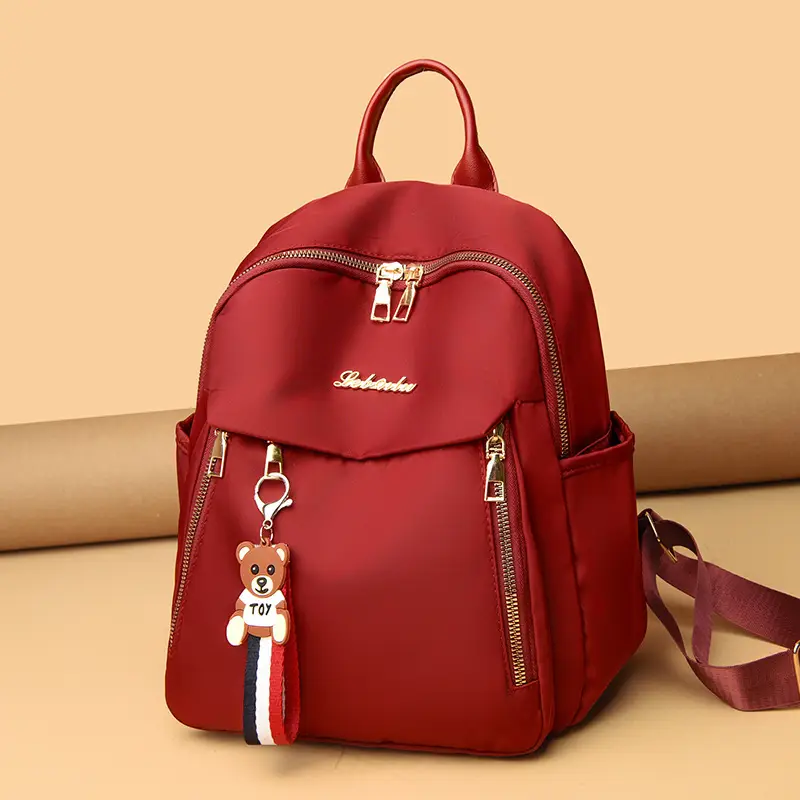 Black Oxford Cloth Women's Backpack with Teddy Bear Zipper - Image 7