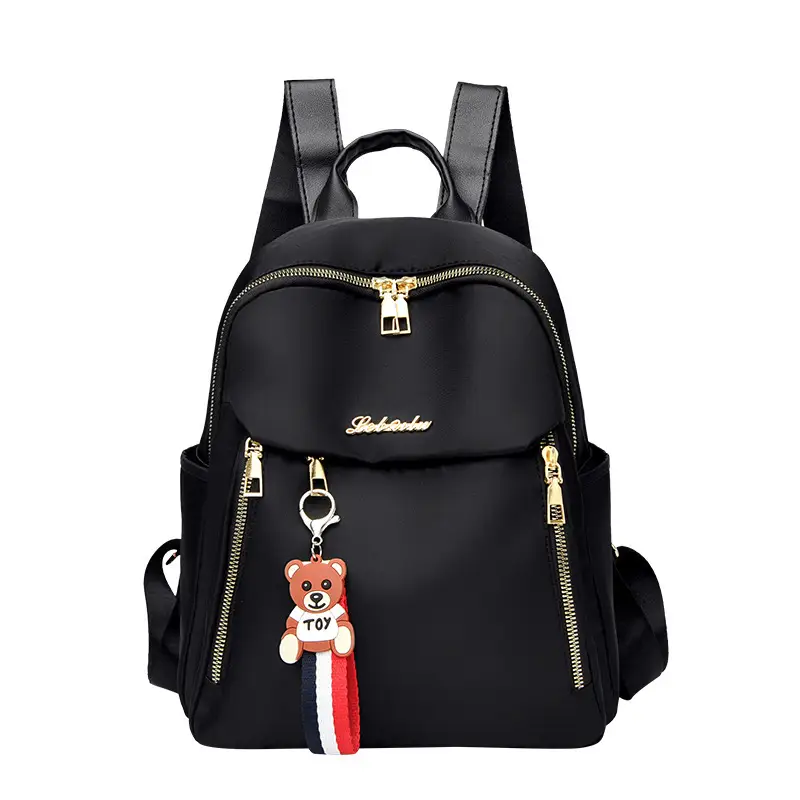 Black Oxford Cloth Women's Backpack with Teddy Bear Zipper - Image 8