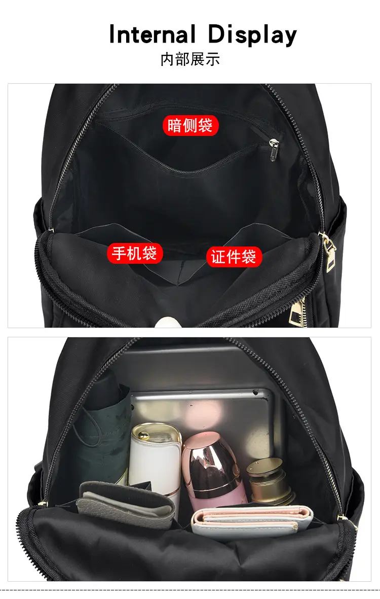 Black Oxford Cloth Women's Backpack with Teddy Bear Zipper — feature 11