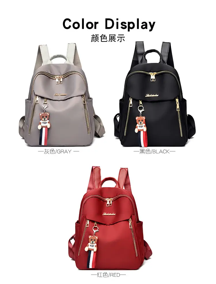 Black Oxford Cloth Women's Backpack with Teddy Bear Zipper — feature 3