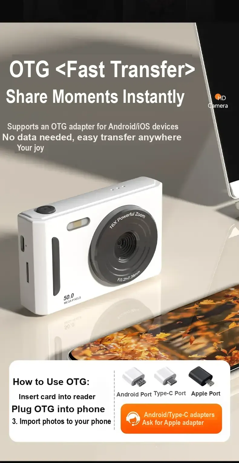 White camera with text about OTG transfer to mobile devices.