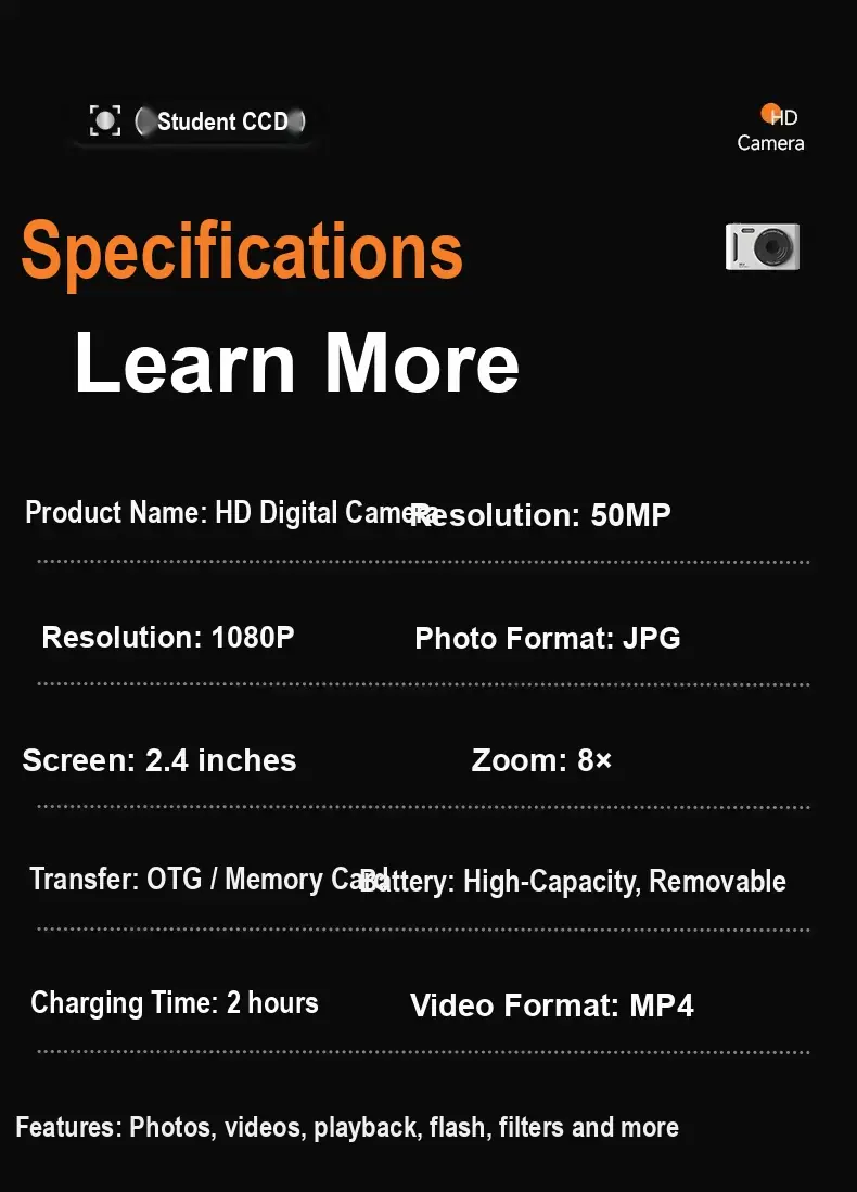 Chinese specification panel listing 50MP, 1080P, 2-inch screen, formats and functions.