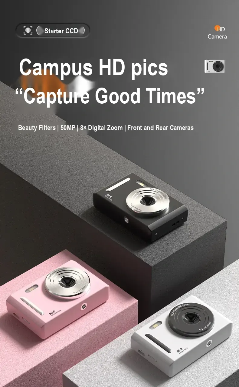 Three cameras in black, pink and white with Chinese product feature text.