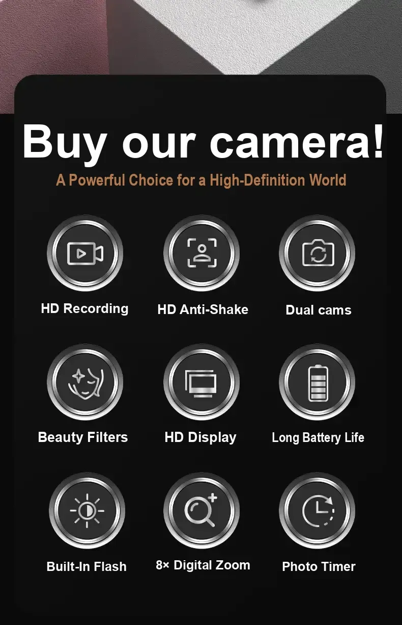 Nine illustrated camera functions with Chinese labels, including flash and timer.