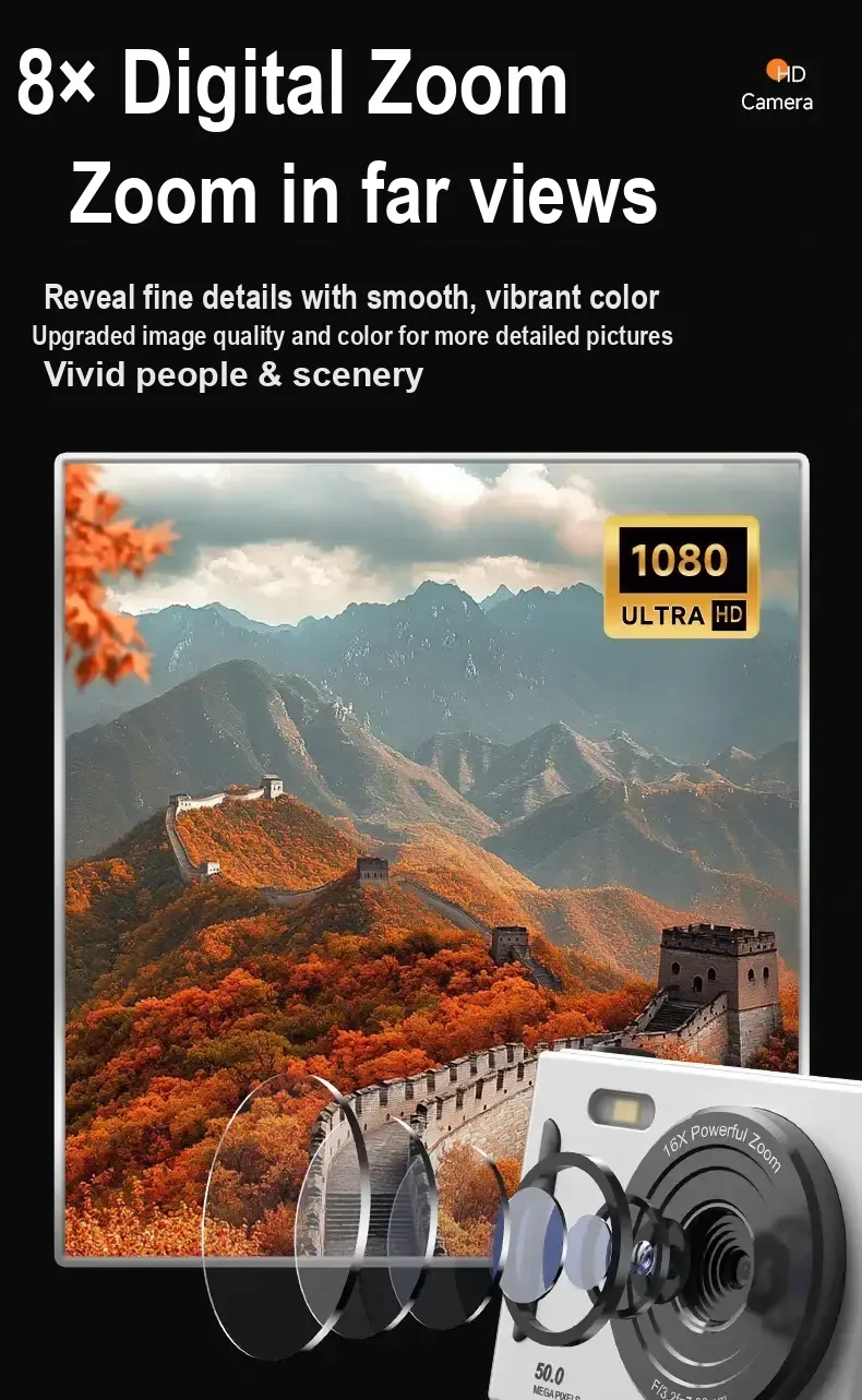Camera lens illustration and landscape sample image with zoom text.