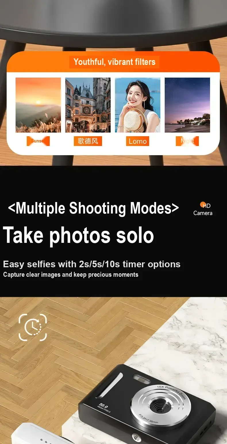 Four filter example photos above a camera feature panel.