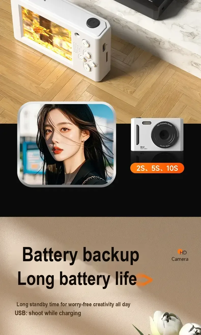 Rear camera display, portrait example, and timer choices of 2, 5 and 10 seconds.